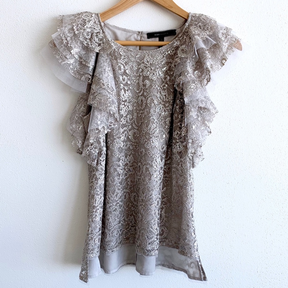 BCBGMaxAzria Metallic Silver Lace Ruffle Blouse